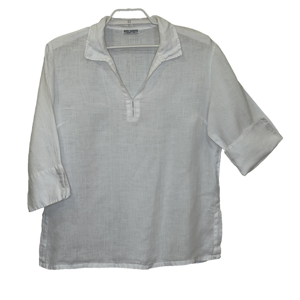 Russ Berens Pullover Top Womens Medium White 100% Linen 3/4 Sleeve V-Neck Collar